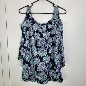 Catherines Top Womens 2X Cold Shoulder Bell Split Sleeve FLoral Stretchy